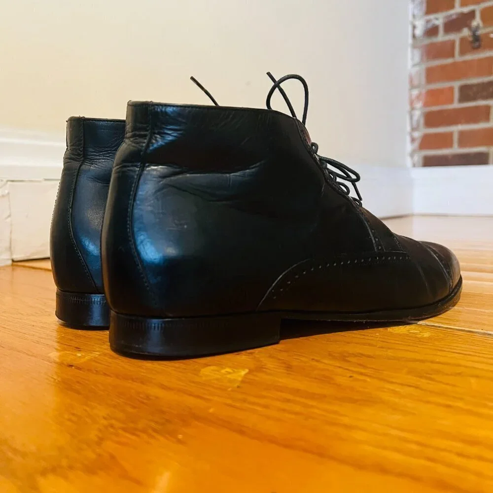 VTG Bostonian Oxford Ankle Boots Mens 9.5 Black Leather Lace Up Chukka Italy